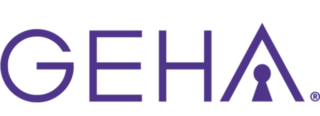 The transparent logo of GEHA Health Balance featuring modern typography. Serving MO, AR, and OK.